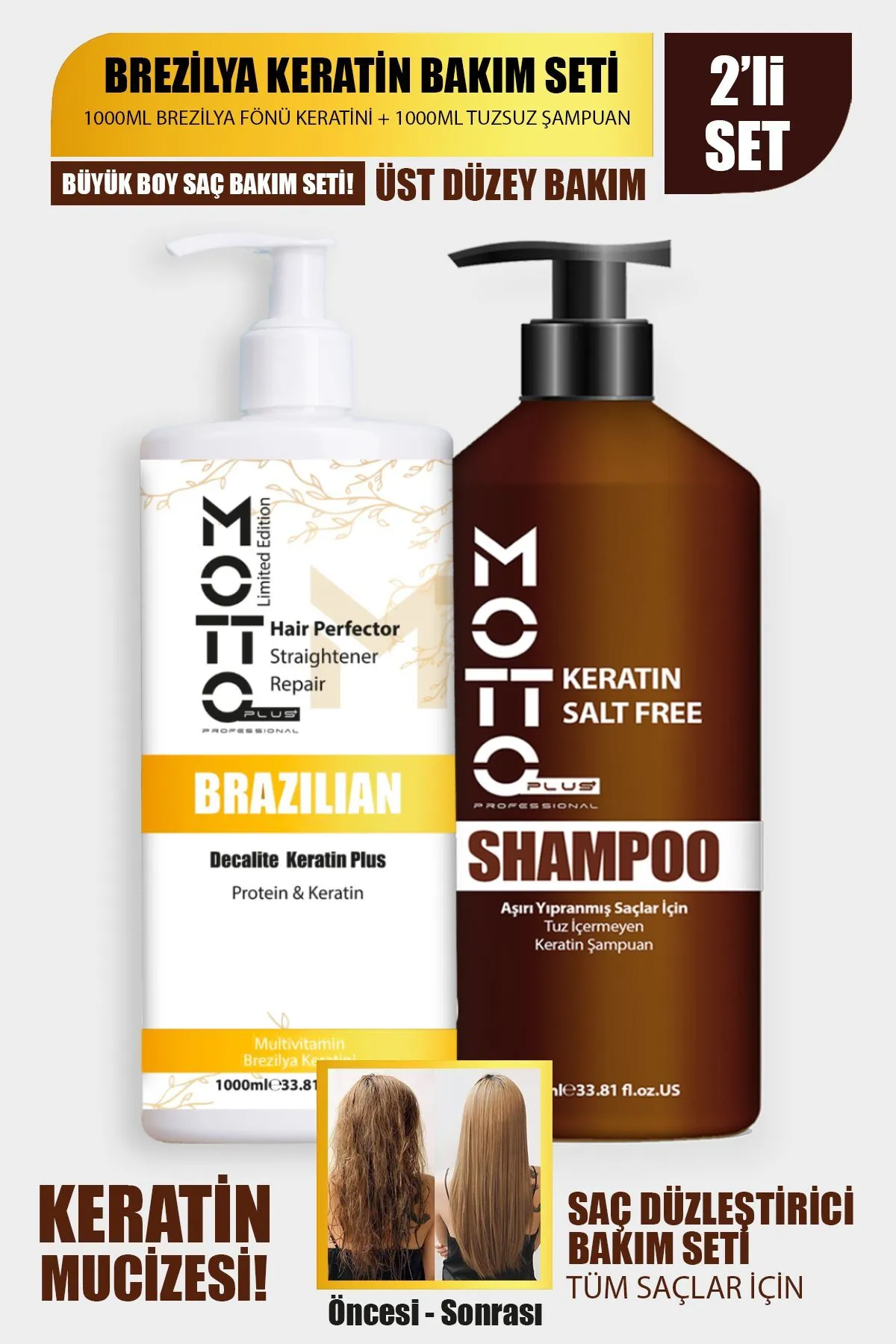 Motto Plus Professional Aşırı Yıpranmış Saçlar Için Saç Düzleştirici Keratin & Tuzsuz Şampuan 2'li Set