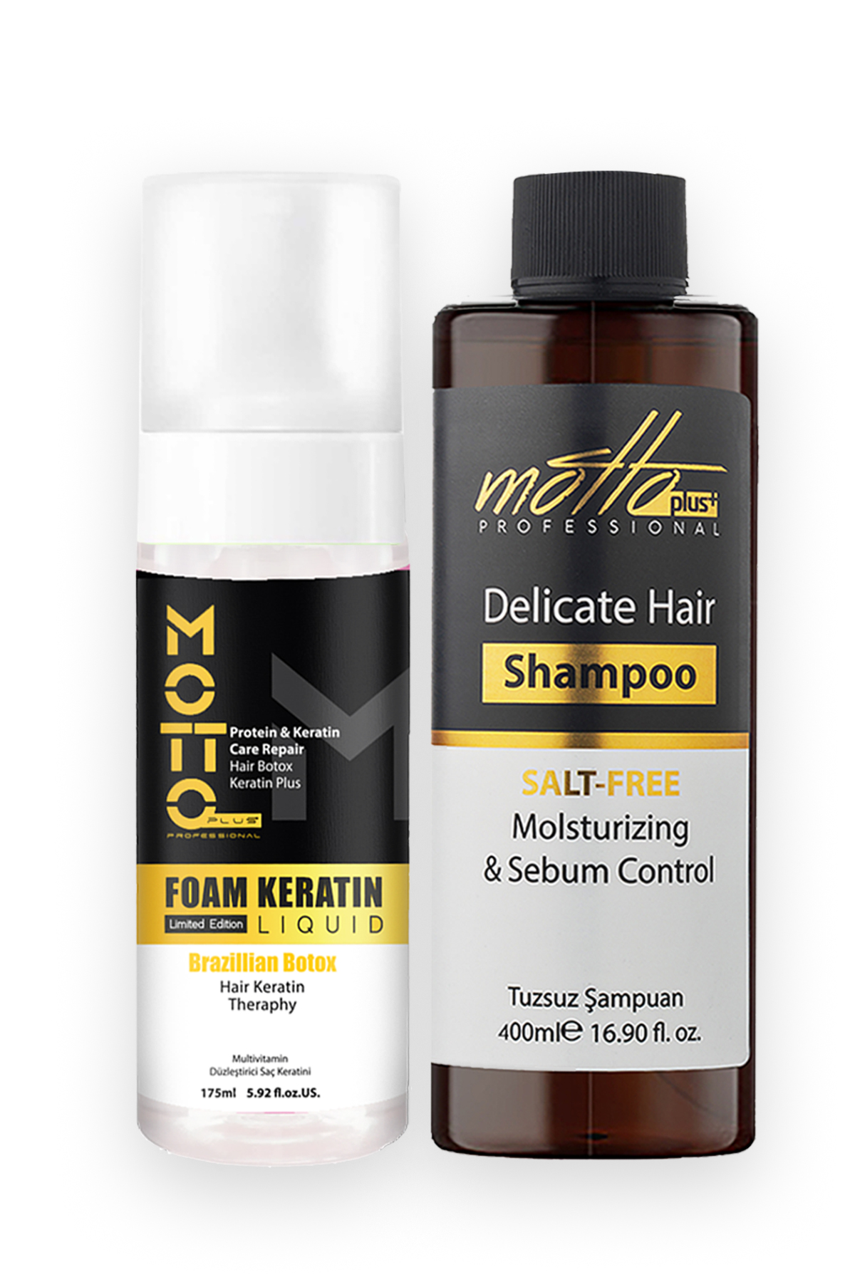 Motto Plus Professional Düzleştirici Köpük Keratin Botox ve Tuzsuz Şampuan 2'li Saç Bakım Seti