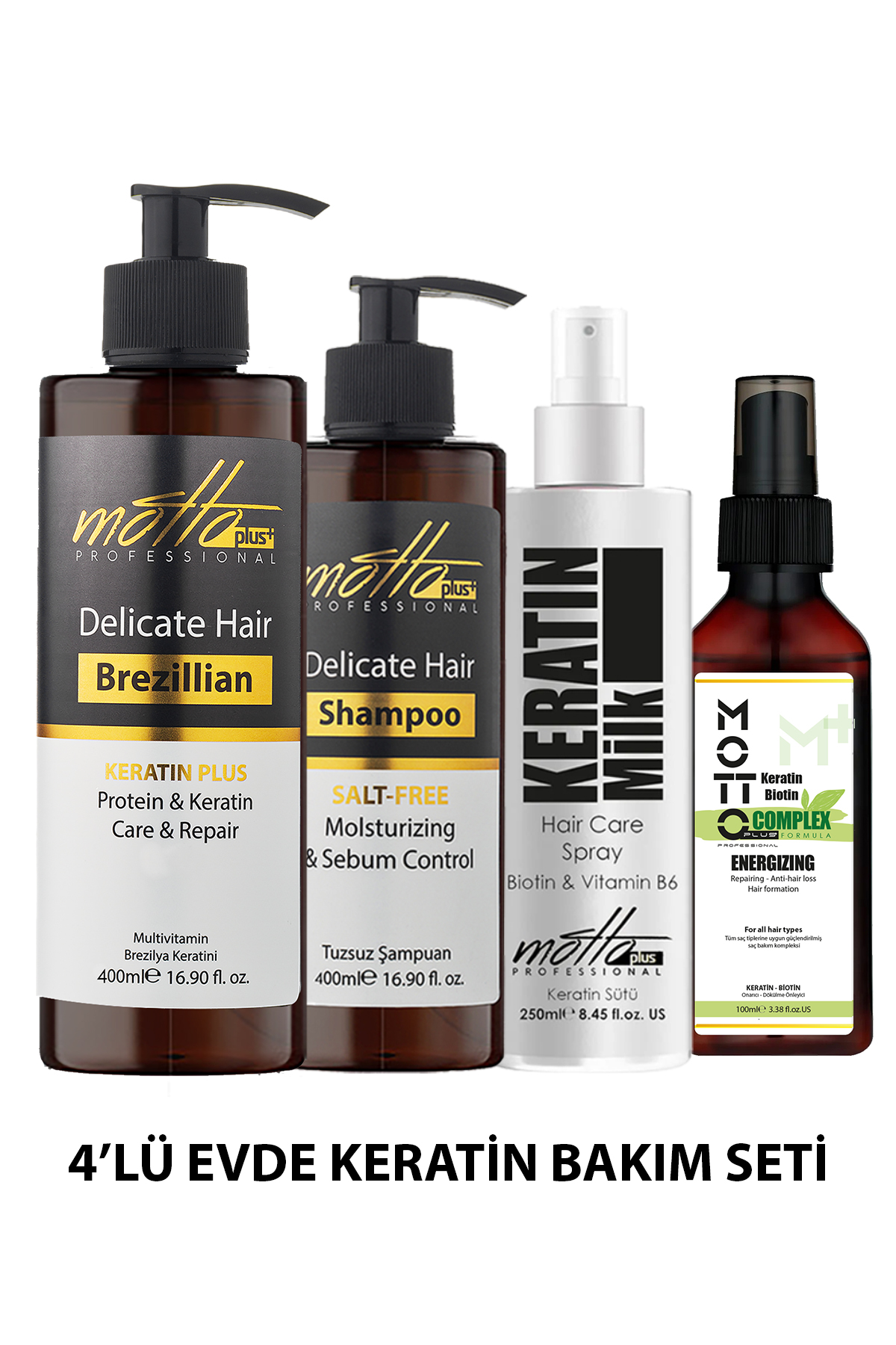Motto Plus Professional Keratin Bakımı Saç Bakım Mucizesi 4'lü Set (Keratin - Şampuan - Keratin&Biotin Serum - Keratin Sütü