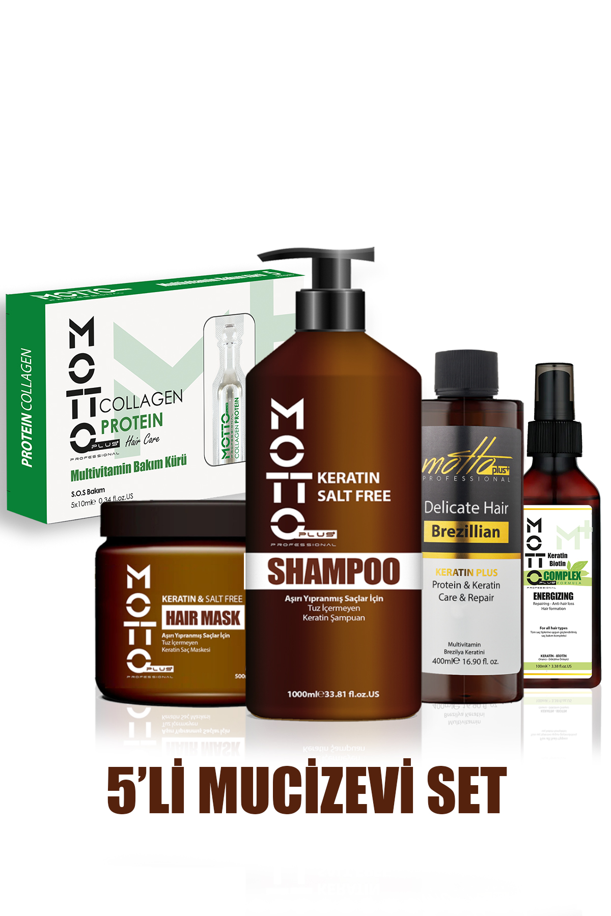 Motto Plus Professional 5'Li Brezilya Fönü Şampuan Keratin Saç Düzleştirici Botox Bakım Seti (KERATİN-ŞAMPUAN-MASKE-SERUM-AMPUL)