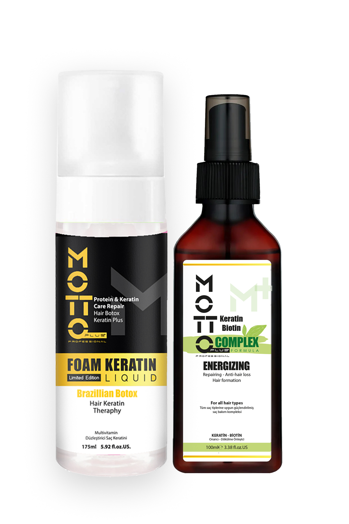 Motto Plus Professional Saç Pürüzsüzleştirici Ve Düzleştirici 2'li Saç Bakım Seti (Köpük Keratin - Keratin & Biotin Serum)