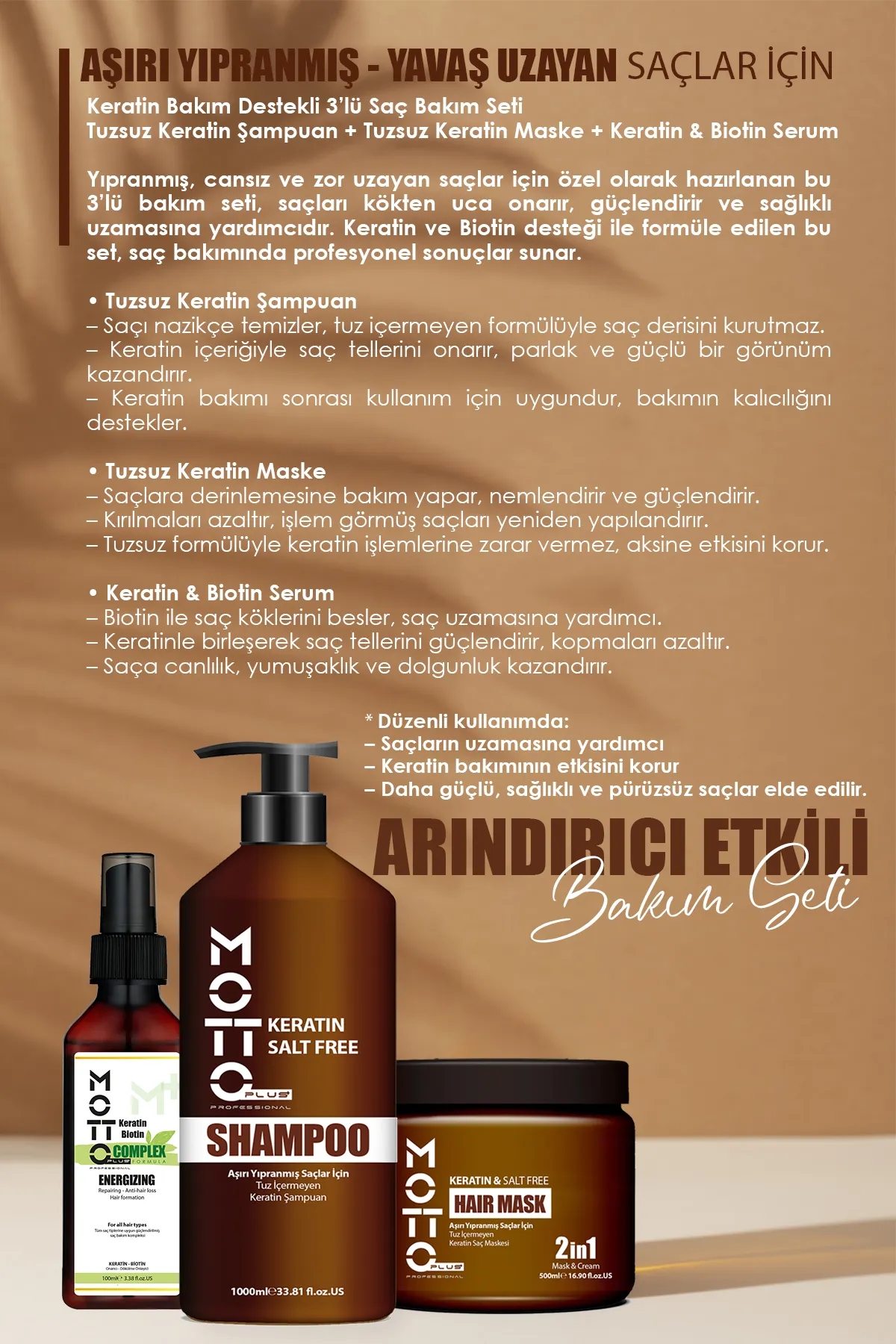 Motto Plus Professional Yavaş Uzayan-Aşırı Yıpranmış Saçlar İçin Tuzsuz Keratinli 3'lü Saç Bakım Seti